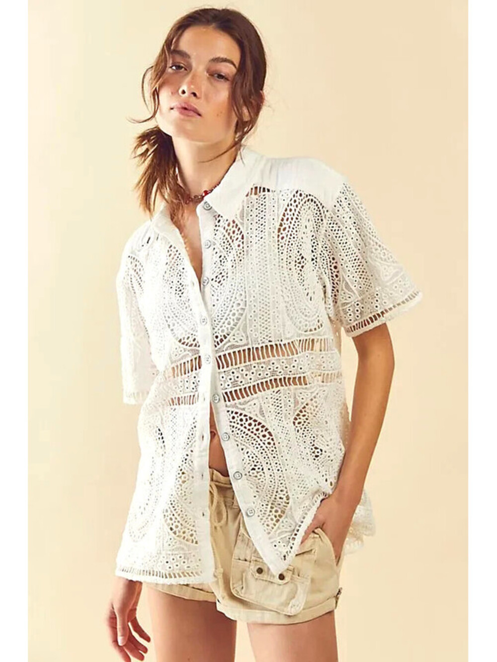 Free People Crochet Lace White Button-Front Women's Shirt Top Blouse Boho XL